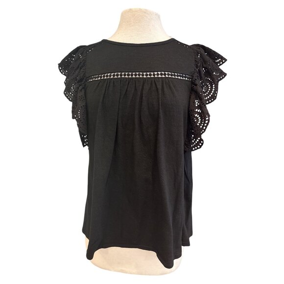 Black Doe & Rae Womens Eyelet Ruffle Sleeve Top M 100% Cotton - Picture 1 of 8